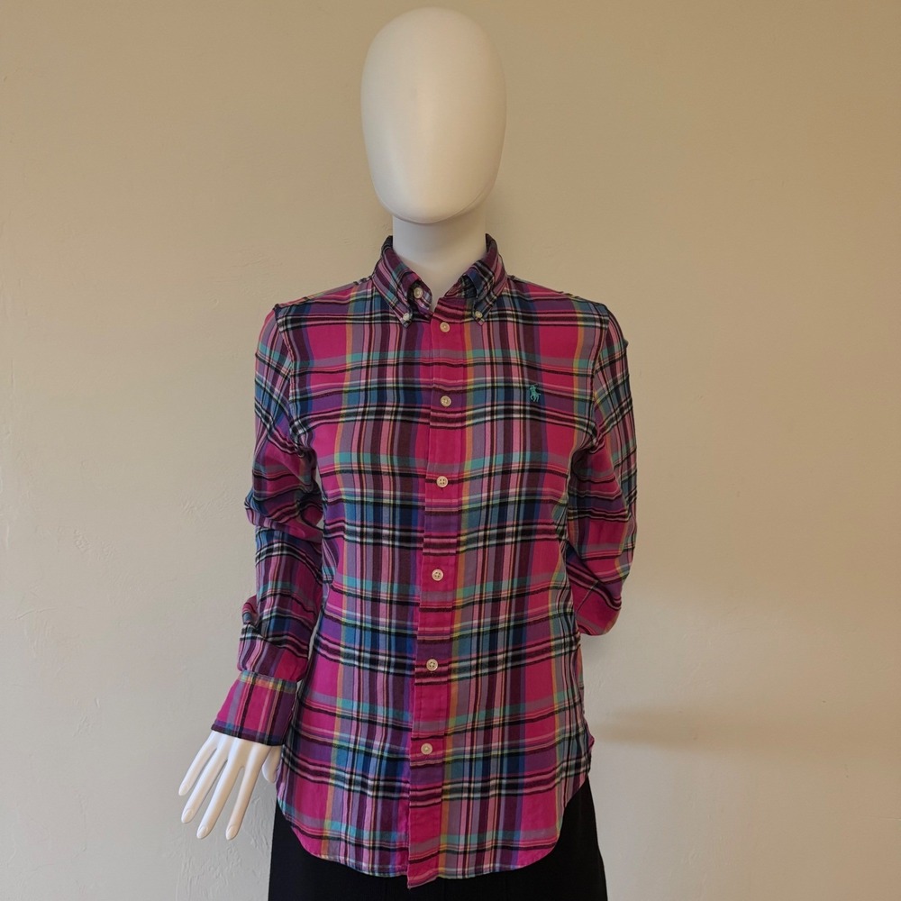 Ralph Lauren Womens Pink Purple Plaid Cotton Button Down Shirt Size 4 LongSleeve